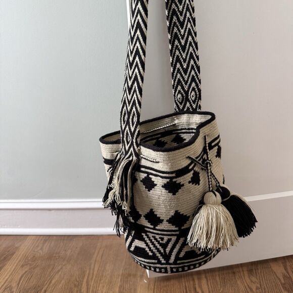 Handmade Handbags - Handmade Wayuu Mochila Bucket-Style Crocheted Shoulder Bag Boho Cotton Indie